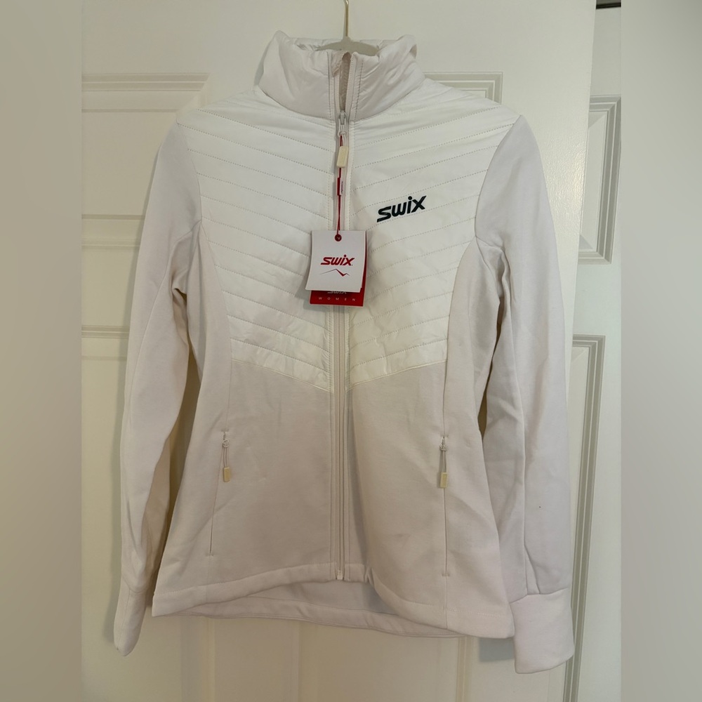 White Ski Snow Midlayer Jacket with Fitted Sleeves and Full Front Zipper